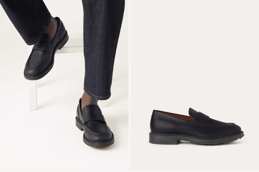 Split image showing a person wearing a black loafer with dark pants on the left, while the right side displays the same black loafer against a plain background, highlighting its design and details.